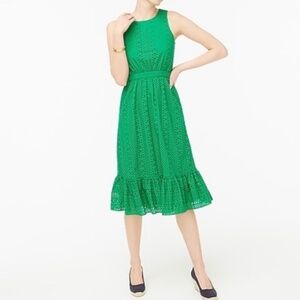 Jcrew Green Cotton Eyelet Tiered Midi Dress